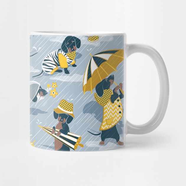 Ready For a Rainy Walk // pattern // pastel blue background dachshunds dogs with yellow and transparent rain coats by SelmaCardoso